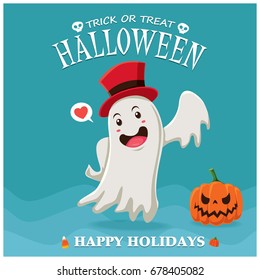 Vintage Halloween poster design with vector ghost character. 