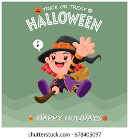 Vintage Halloween poster design with vector witch character. 