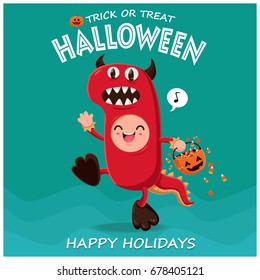 Vintage Halloween poster design with vector monster character. 