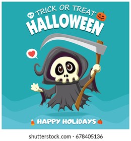 Vintage Halloween poster design with vector reaper character. 