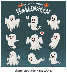 Vintage Halloween poster design with vector ghost character. 