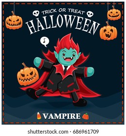 Vintage Halloween poster design with vector vampire character. 