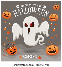 Vintage Halloween poster design with vector ghost character. 