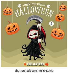 Vintage Halloween poster design with vector reaper character. 