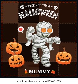 Vintage Halloween poster design with vector mummy character. 