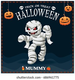 Vintage Halloween poster design with vector mummy character. 