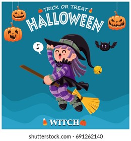 Vintage Halloween poster design with vector witch character. 