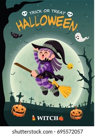 Vintage Halloween poster design with vector witch character. 