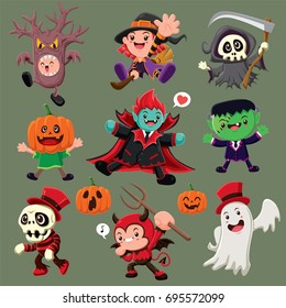 Vintage Halloween poster design with vector demon, witch, reaper, vampire, ghost, monster character. 