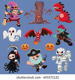 Vintage Halloween poster design with vector demon, witch, vampire, mummy, ghost, bat, pirate, reaper, monster character. 