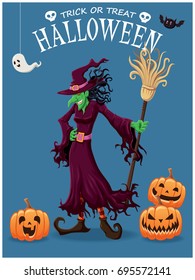 Vintage Halloween poster design with vector witch character. 