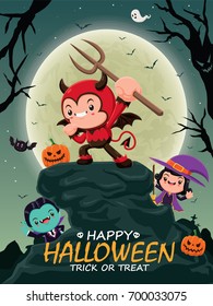 Vintage Halloween poster design with vector vampire, demon, witch character. 