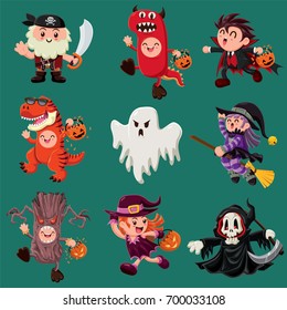 Vintage Halloween poster design with vector demon, witch, reaper, vampire, ghost, pirate, T-Rex, monster character. 