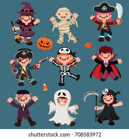 Vintage Halloween poster design with vector witch, mummy, pirate, skeleton, vampire, ghost, reaper character. 