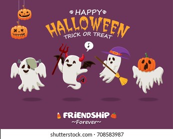 Vintage Halloween poster design with vector ghost in monster, demon, witch, costume. 