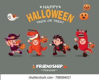 Vintage Halloween poster design with vector witch, vampire, T-rex, dragon character. 