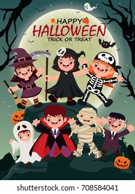 Vintage Halloween poster design with vector witch, mummy, skeleton, vampire, ghost, reaper character. 