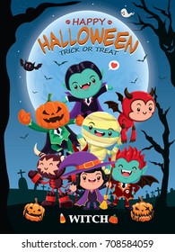 Vintage Halloween poster design with vector witch, mummy, vampire, ghost, reaper character. 