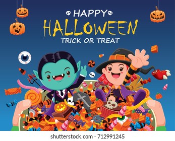 Vintage Halloween poster design with vector witch & vampire character. 