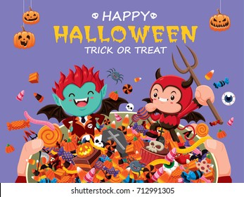 Vintage Halloween poster design with vector demon & vampire character. 