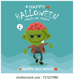 Vintage Halloween poster design with vector zombie character. 