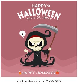 Vintage Halloween poster design with vector reaper character. 