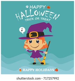 Vintage Halloween poster design with vector witch character. 