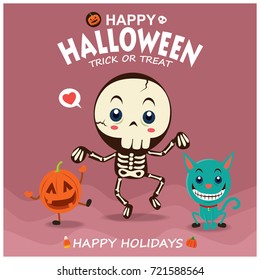 Vintage Halloween poster design with vector skeleton & cat character. 