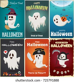 Vintage Halloween poster design with vector ghost in demon, witch, pirate, reaper, monster costume. 