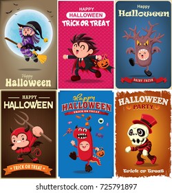 Vintage Halloween poster design with vector vampire, witch, tree monster, dragon, skeleton character. 