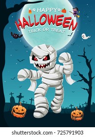 Vintage Halloween poster design with vector mummy character. 