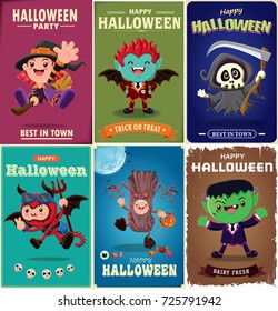 Vintage Halloween poster design with vector vampire, witch, tree monster, reaper character. 