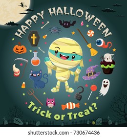 Vintage Halloween poster design with vector mummy character.
