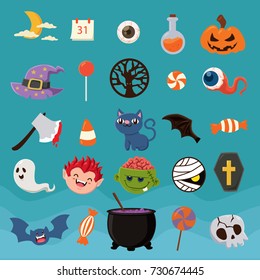 Vintage Halloween poster design with vector vampire, zombie, mummy set.