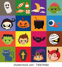 Vintage Halloween poster design with vector witch, mummy, witch, zombie, devil, vampire, ghost, reaper, wolf man, ghost character. 