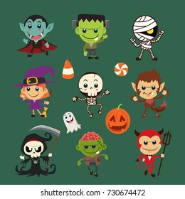 Vintage Halloween poster design with vector witch, mummy, witch, zombie, devil, skeleton, vampire, ghost, reaper, skeleton, wolfman, ghost character. 