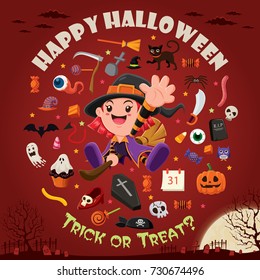 Vintage Halloween poster design with vector witch character.