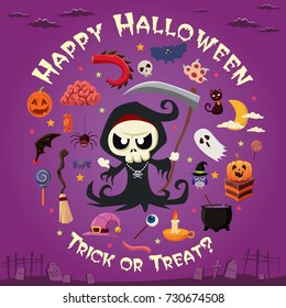 Vintage Halloween poster design with vector reaper character.