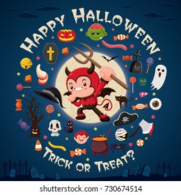 Vintage Halloween poster design with vector devil character.