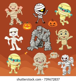 Vintage Halloween poster design with vector mummy characters. 