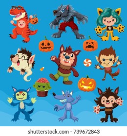 Vintage Halloween poster design with vector wolf man characters. 