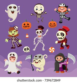 Vintage Halloween poster design with vector skeleton characters. 