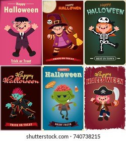 Vintage Halloween poster design with vector witch, skeleton, vampire, zombie, pirate characters. 