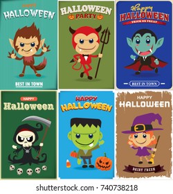 Vintage Halloween poster design with vector wolf man, devil, vampire, reaper, witch, zombie characters. 