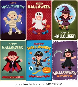 Vintage Halloween poster design with vector vampire, mummy, ghost, witch, reaper, pirate characters. 