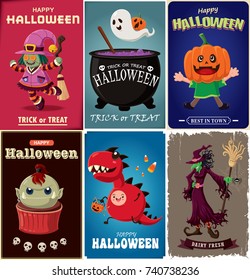 Vintage Halloween poster design with vector witch, ghost, zombie, dragon, characters. 