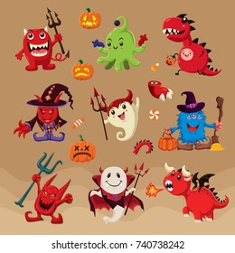 Vintage Halloween poster design with vector witch, ghost, vampire, dragon, alien characters. 
