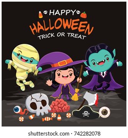 Vintage Halloween poster design with vector witch, vampire, mummy characters. 