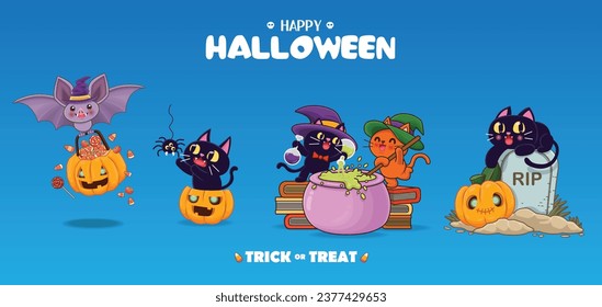 Vintage Halloween poster design with vectorbat,  cat and jack o lantern character.