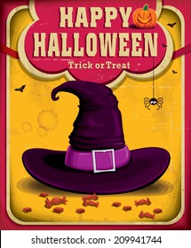 Vintage Halloween poster design with witch hat